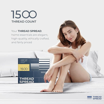 THREAD SPREAD 100% Egyptian Cotton Sheets Queen Size - 1500 Thread Count 4 PC Queen Sheet Set Egyptian Cotton, Sateen Weave Luxury Sheets Queen Size, High Thread Count Sheets, 17" Deep Pocket - White