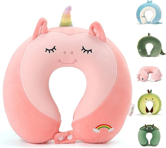 Niuniu Daddy Neck Pillow for Traveling, Pure Memory Foam Travel Neck Support Pillows for Airplane, Car Headrest Sleep - Age 8+ Children Kids Including Adults - Unicorn Travel Pillow