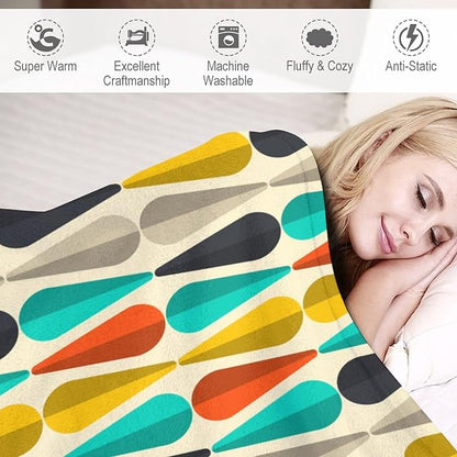 Mid Century Throw Blanket, Modern Drop Shape Retro Colors Boho Orange Teal Black Geometric Pattern Throws Blankets for aby Toddler Dog Cat 60"x80"