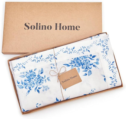 Solino Home Blue Floral Print Table Runner 48 inch - 100% Pure Linen Table Runner 14 x 48 Inch - Handcrafted and Machine Washable - Jolie Fleur Print