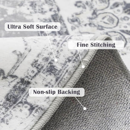 jinchan Fiora Round Rug 5ft Area Rug - Indoor Vintage Hallway Circle 5' Washable - Ultra-Thin Low Pile Soft Small Non Slip Distressed Floral Print for Living Room Dining Room Bedroom Entryway Grey