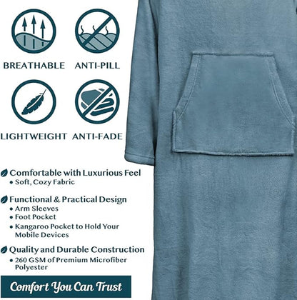 PAVILIA Fleece Blanket with Sleeves, Foot Pockets for Women Men Adults, Plush Wearable Blanket Throw Wrap, Warm Snuggle Blanket Robe, Cozy Gift Ideas Wife Mom, Dusty Blue