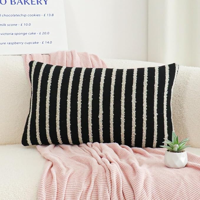Jonhier Black Striped Lumbar Boho Throw Pillow Cover, Modern Boucle Textured Rectangle Pillowcase for Sofa Couch Bed, Neutral Farmhouse Accent Decorative Cushion Cover for Living Room, 12 x 20 inch