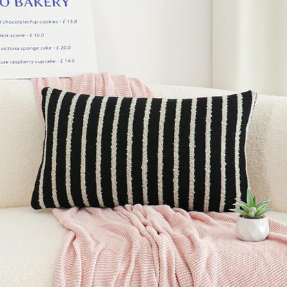 Jonhier Black Striped Lumbar Boho Throw Pillow Cover, Modern Boucle Textured Rectangle Pillowcase for Sofa Couch Bed, Neutral Farmhouse Accent Decorative Cushion Cover for Living Room, 12 x 20 inch