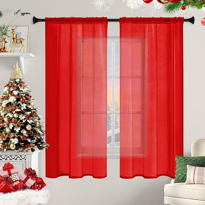 Sheer Curtains 45 Inches Long 2 Panels, Rod Pocket Short Curtain for Kitchen, Bedroom, Cafe Window(Red 38" W x 45" L)