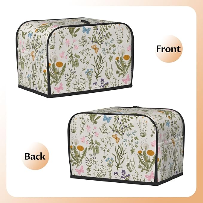 Vintage Flower Wild Herb Floral 2 Slice Toaster Cover, Waterproof Toaster Dust Cover Bread Maker Protective For Small Kitchen Appliance Dining Room Home Table Decor Gifts