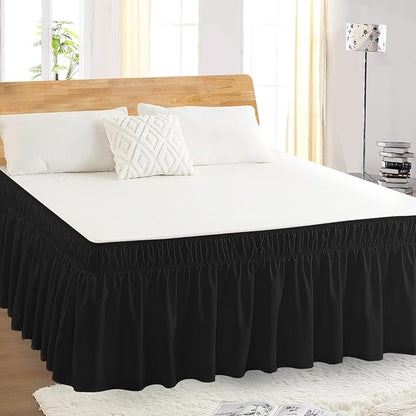 Queen Bed Skirt, Elastic Wrap Around Bed Skirt Queen Size, Bed Skirts for Adjustable Bed, Easy Fit with 18" Drop Length Tailored Drop Dust Ruffle (Black)
