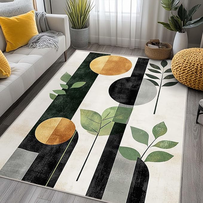 6x9 Boho Area Rug Green Leaf Black White Golden Rug Non Slip Low Pile Large Carpet for Home Kitchen Living Room Bedroom Dining Room Office