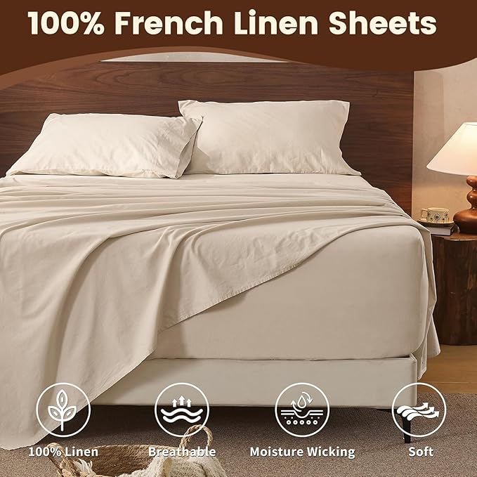 100% Linen Sheet Set Queen Size Extra Deep Pocket Fits 18-24 Inch Mattress, Breathable & Soft, Smooth 6-Piece Set for Thick Mattresses Hotel Luxury Bedding（Queen, Linen）