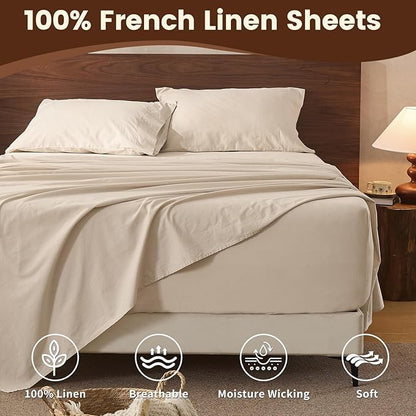 100% Linen Sheet Set King Size Extra Deep Pocket Fits 18-24 Inch Mattress, Breathable & Soft, Smooth 6-Piece Set for Thick Mattresses Hotel Luxury Bedding（King, Linen）