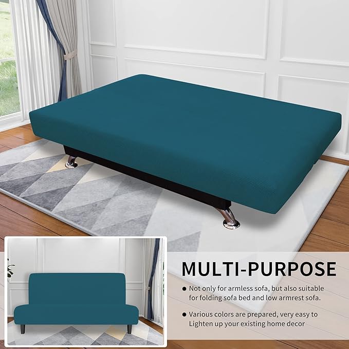 Easy-Going Stretch Futon Slipcover Armless Futon Bed Cover Furniture Protector Without Armrests with Elastic Bottom for Kids, Soft Jacquard Fabric Small Checks (Medium, Peacock Blue)