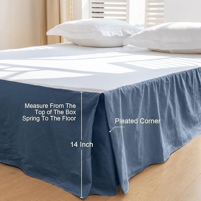 BISELINA French Linen Bed Skirt with Pleated Corner 14-Inch Tailored Drop Natural Flax Cotton Blend Basic Dust Ruffle Soft Cozy Farmhouse Bedding (14" Queen, Basic Navy Blue)