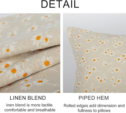 Spring Flower Lumbar Throw Pillow Cover 12x 20 Set of 2, Embroidered Daisy Farmhouse Linen Pillow Cushion Cases, Decorative Pillows for Bed, Outdoor Couch Bedroom Car Cream