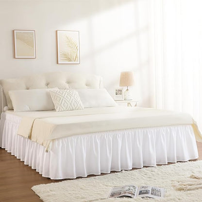 RIMELA White Bed Skirt Queen Size 16 Inch Drop, Elastic Bed Skirting for Bed Base and Frame, Bedding Dust Ruffle Easy to Install, Lightweight Wrap Around Adjustable Bedskirt