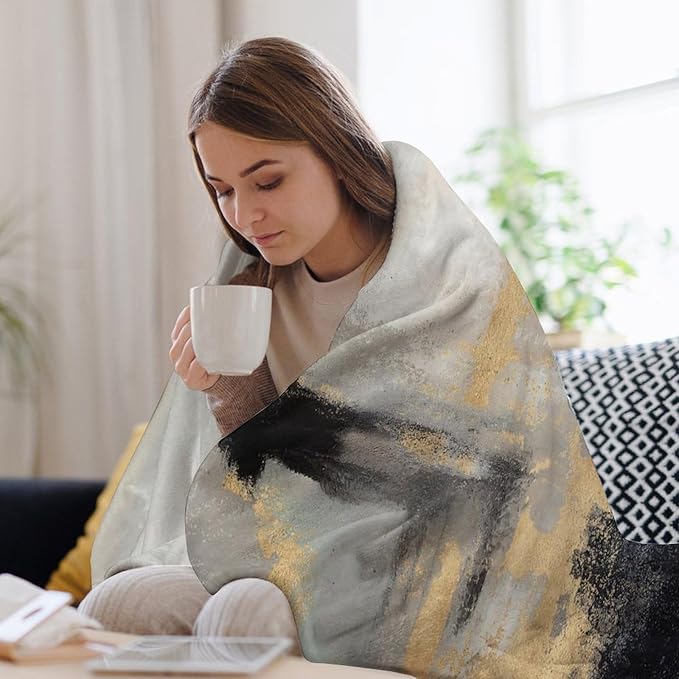 Fashion Gradient Blanket, Modern Abstract Baroque Glod Grey Painting Strokes Pattern Soft Warm Cozy Plush Flannel Covers for Livingroom Bedroom Couch Chair Camping Travel Home Decor Tapestry 60x80in