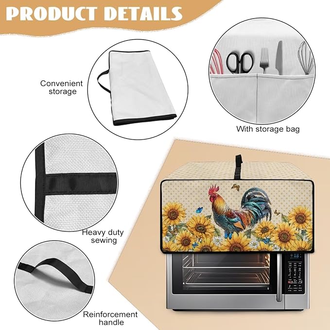 Microwave Oven Dust Cover Waterproof Dustproof Microwave Toaster Oven Cover Fabric Kitchen Machine Covers for Toaster Oven Air Fryer, Rooster Chicken Sunflower Butterfly Polka Dot Print, S