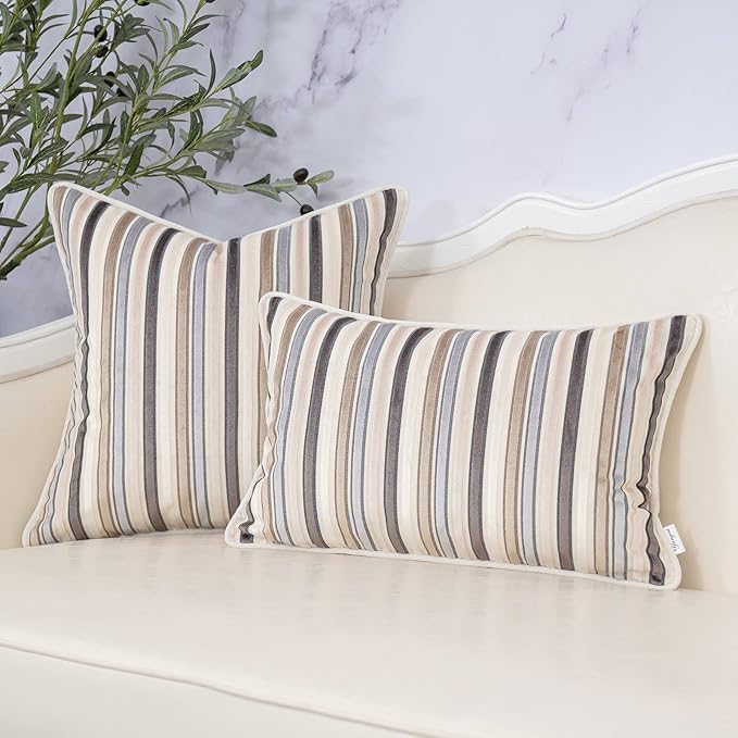Yangest Beige Striped Throw Pillow Cover Multicolor Velvet Cushion Cover Modern Bohemian Pillowcase for Sofa Couch Bedroom Living Room Home Christmas Decoration,18x18 Inch