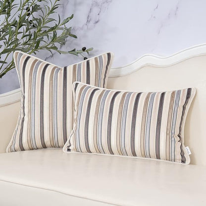 Yangest Beige Striped Throw Pillow Cover Multicolor Velvet Cushion Cover Zippered Rectangular Pillowcase for Sofa Couch Bedroom Living Room Home Decoration, 12x20 Inch