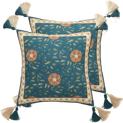 patdrea Designer Square Throw Pillow Covers Set of 2,French Floral Blue Farmhouse Linen Vine Branch Pattern Pillow Cover,Decorative Pillowcases Cushion for Bed Living Room Outdoor Car,18"x18"