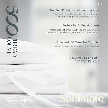 Mayfair Linen 100% Cotton Sheets Queen Size Bed Set - 500 Thread Count Sheets Queen Size 4 PC Set (White), Soft, Cooling, Hotel-Quality 16" Deep Pocket Cotton Bedsheet for Hot Sleepers