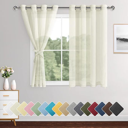 XWZO Sheer Curtains for Bedroom, Light Filtering Semi Transparent Voile Grommet Window Curtains for Living Room, Patio Door, Kids' Room with Tiebacks,Cream, Set of 2 Panels, 52 x 54 Inches Length