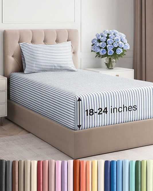 Extra Deep Pocket Twin Sheets - 3 Piece Breathable & Cooling Bed Sheets - Hotel Luxury Bed Sheet Set - Soft, Wrinkle Free & Comfy - Easily Fits Extra Deep Mattresses - Deep Pocket Blue Striped Sheets