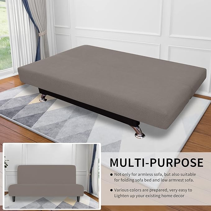 Easy-Going Stretch Futon Slipcover Armless Futon Bed Cover Furniture Protector Without Armrests with Elastic Bottom for Kids, Soft Jacquard Fabric Small Checks (Large, Taupe)