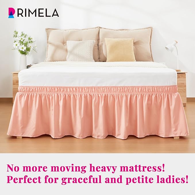 RIMELA Peachy Coral Bed Skirt King Size 18 Inch Drop, Elastic Bed Skirting for Bed Base and Frame, Bedding Dust Ruffle Easy to Install, Wrap Around Adjustable Bedskirt