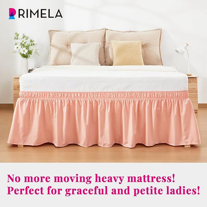 RIMELA Peachy Coral Bed Skirt Queen Size 15 Inch Drop, Elastic Bed Skirting for Bed Base and Frame, Bedding Dust Ruffle Easy to Install, Wrap Around Adjustable Bedskirt