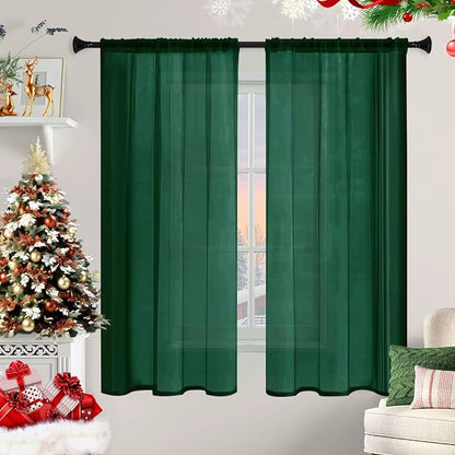 Sheer Curtains 72 Inches Long 2 Panels, Rod Pocket Short Curtain for Kitchen, Bedroom, Cafe Window(Foliage Green 38" W x 72" L)