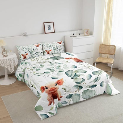 Erosebridal Kawaii Pig Toddler Size Comforter Set for Boys Girls Cartoon Animal Bedding Set, Eucalyptus Leaves Down Comforter Farm Wildlife Bed Set, Tropical Botanical Plants Quilted Duvet