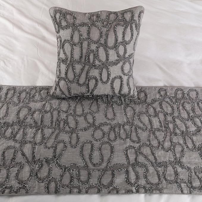 The HomeCentric King Queen Twin Bed Runner, 90"x18" Bed Runner with 2 Pillow Cover Grey Designer Bed Scarf in Linen with Embroidery Bed Linen Foot Warmer Home Living - Grace Forever