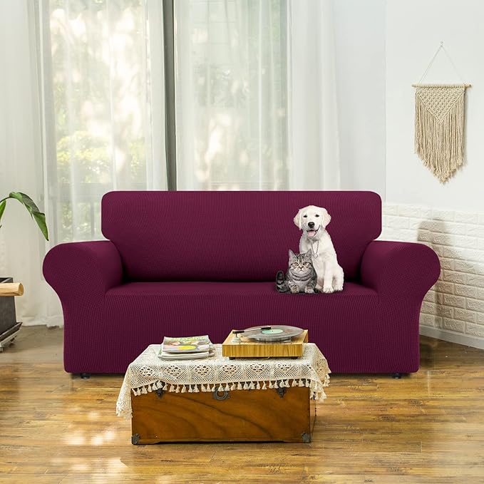 LURKA Stretch Loveseat Sofa Slipcovers 1 Piece Couch Covers for Sofa Furniture Protector Full Sofa Covers with Elastic Bottom for Kids and Dog (Medium, Wine)