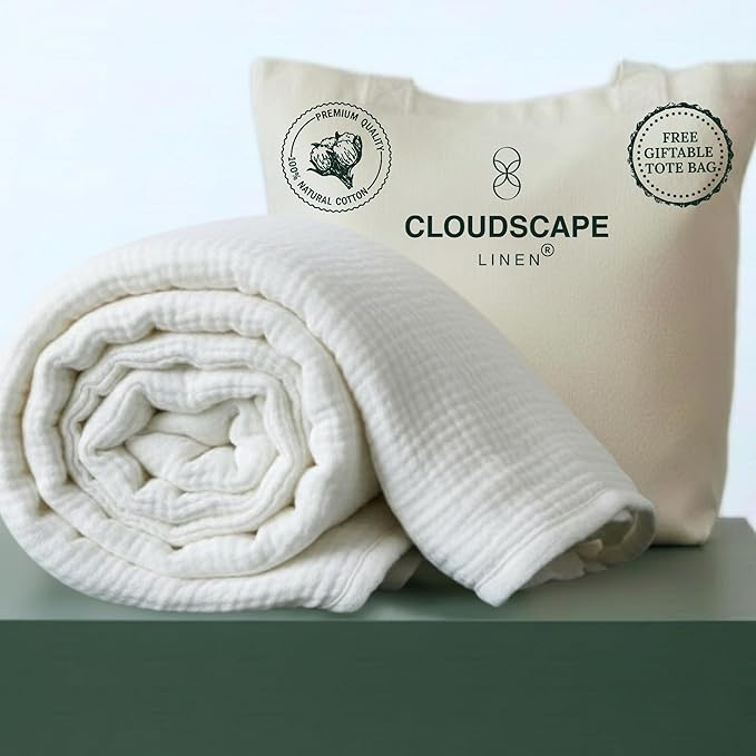 Cloud Scape Linen Oversized 4 Layer Muslin Blanket Queen Size - 100% Cotton, Lightweight & Breathable All Season Gauze, Pre-Washed, fits Full Bed, 92x92, White
