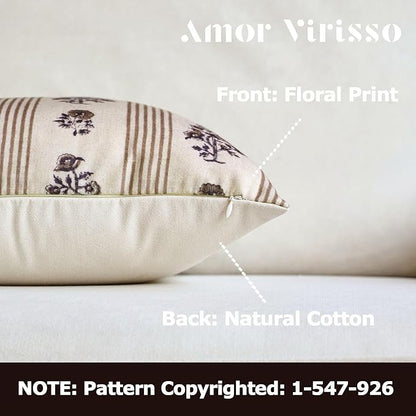 Amor Virisso Floral Throw Pillow Covers 24x24 Set of 2 Block Print Pillow Covers Neutral Floral Striped Farmhouse Decorative Pillow Covers for Sofa Couch Bed, Brown