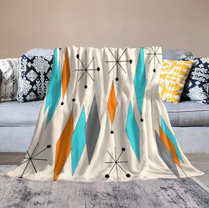 Mid Century Flannel Throw Blankets, Mid Century Modern Geometric Atomic Shapes Orange Retro Style Boho Print Blanket for Bed Couch Sofa Fuzzy Tv Throws 30"x40"