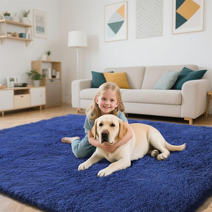 Blue Fluffy Rug Shaggy Area Rug, 3x5 Area Rugs for Girls Bedroom, Soft Cute Baby Play Mat, Indoor Floor Carpet for Teen, Nursery, Preppy Dorm, Plush Aesthetic Bedside Rug