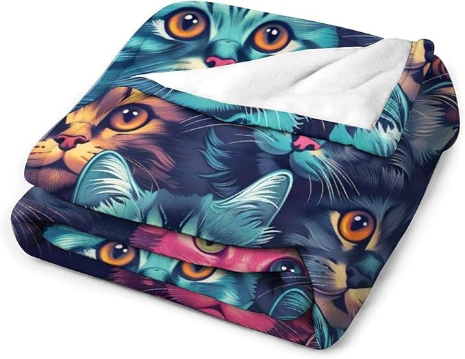 Funny Colorful Cat Print Blanket Kawaii Kitty Animal Throw Blankets Gifts for Couch Sofa Bed Stuff Decor Soft Cozy Fleece Plush Warm Flannel Bedding for Lover Men Women 60"x80"