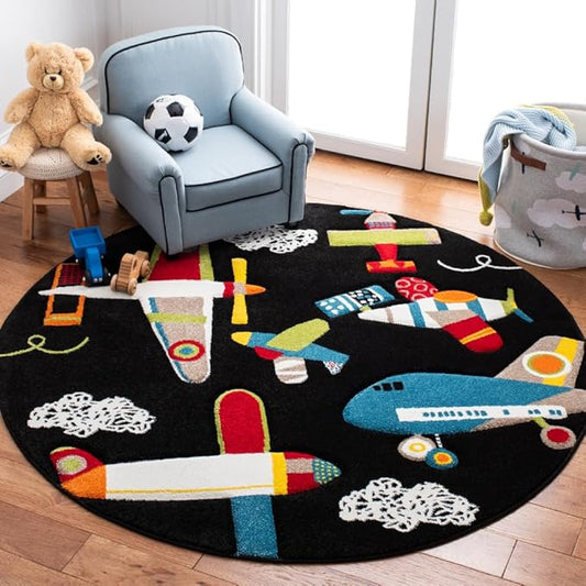 SAFAVIEH Carousel Kids Collection Area Rug - 5'3" Round, Black & Ivory, Non-Shedding & Easy Care, Ideal for High Traffic Areas for Boys & Girls in Playroom, Nursery, Bedroom (CRK167Z)