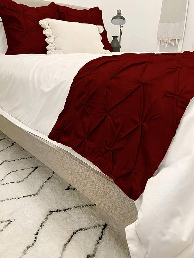 Bed Runner Set - 100% Pure Cotton 800 Thread Count - Luxury 1 Pinch Pleated Bed Runner and 2 Pillow Cover - 3 Piece Pinch Pleated Bed Runner Set California King, Burgundy