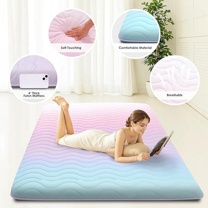 Japanese Floor Futon Mattress, 3.5" Thicken Colorful Rainbow Portable Floor Mattress, High-Density Foam Tatami Mat Sleeping Pad for Camping Guest Room Dormitory RV, Full