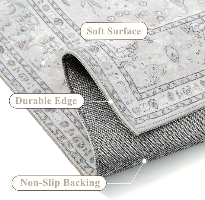 Grey 6x9 Area Rug Washable Vintage Carpet for Living Room Bedroom Large Soft Retro Floral Low Pile Thin Indoor Rug Non Slip Central Medallion Floor Cover for Dining Room Office