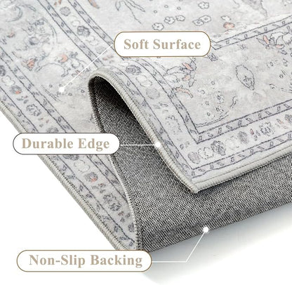 Grey 2x8 Runner Rug Washable Vintage Long Carpet for Hallway Kitchen Soft Retro Floral Low Pile Indoor Runner Non Slip Central Medallion Throw Rug for Bathroom Bedroom Laundry Dining Room