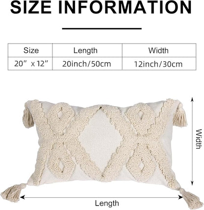 Boho Tufted Lumbar Throw Pillow Cover 12x 20, Modern Simple Diamond Farmhouse Neutral Linen Pillow Cushion Cases with Tassels, Cream Decorative Pillows for Bed, Outdoor Couch Bedroom Car