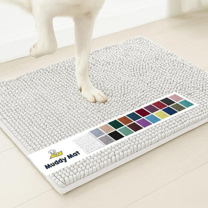 Muddy Mat® AS-SEEN-ON-TV Highly Absorbent Microfiber Door Mat and Pet Rug, Non Slip Thick Washable Area and Bath Mat Soft Chenille for Kitchen Bathroom Bedroom Indoor and Outdoor - White 24" x 96"