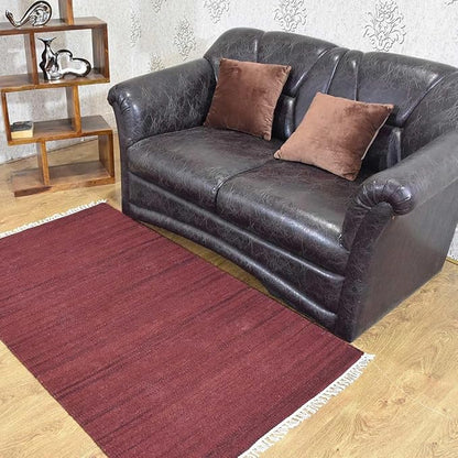 Rugsotic Carpets Hand Woven Flat Weave Kilim Wool 6'x9' Area Rug Solid Dark Red D00111
