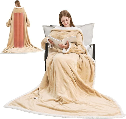 Heated Blanket, 55"×80" Wearable Electric Blanket with Sleeves, Sherpa Snuggle Throw Blanket, Warm Gift for Grandma, Mom, Dad, (Camel)