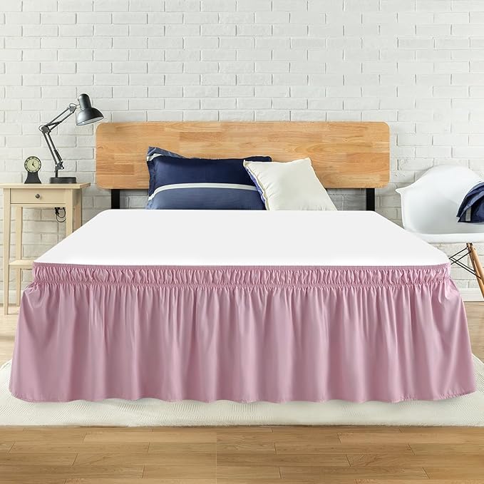 King Bed Skirt, Elastic Wrap Around Bed Skirt King Size, Bed Skirts for Adjustable Bed, Easy Fit with 18" Drop Length Tailored Drop Dust Ruffle (Pink)
