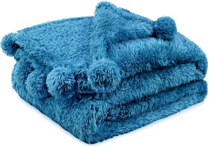 Pavilia Teal Sherpa Throw Blanket for Couch, Warm Plush Pom Blanket Throw, Blue Fuzzy Sofa Throw, Lightweight Soft Cozy Fluffy Blanket with Poms, Turquoise, 50x60