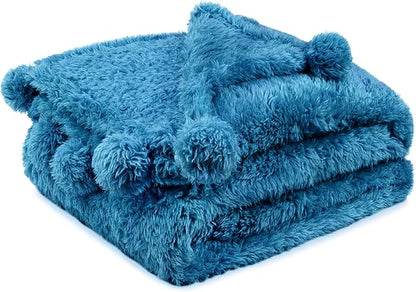 Pavilia Teal Sherpa Throw Blanket for Couch, Warm Plush Pom Blanket Throw, Blue Fuzzy Sofa Throw, Lightweight Soft Cozy Fluffy Blanket with Poms, Turquoise, 50x60
